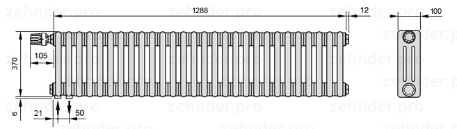Схема (чертеж) Радиатор Zehnder Charleston 3037/28 №V001 Белый глянцевый RAL 9016